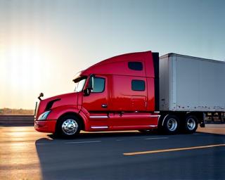 Polished red freight truck on open road