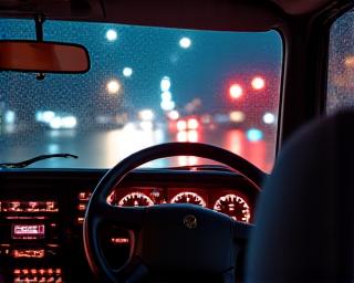 Truck dashboard view of city lights